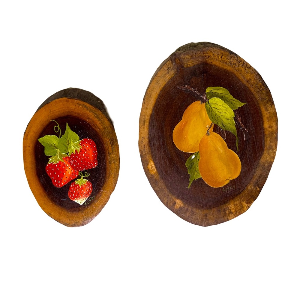 Vintage Strawberries & Pears Hand Painted Wooden Oval Plaques/Slabs Wall Decor
